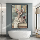Sphynx Cat Holding The Cup Of Red Wine In Bathroom Decor V1 Framed Canvas Prints Wall Art, Bathroom Framed Art Decor
