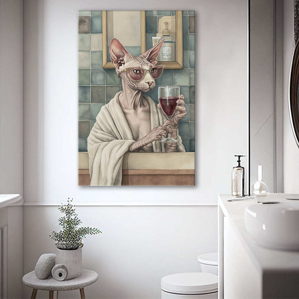 Sphynx Cat Holding The Cup Of Red Wine In Bathroom Decor V1 Canvas Prints Wall Art, Bathroom Art Decor,