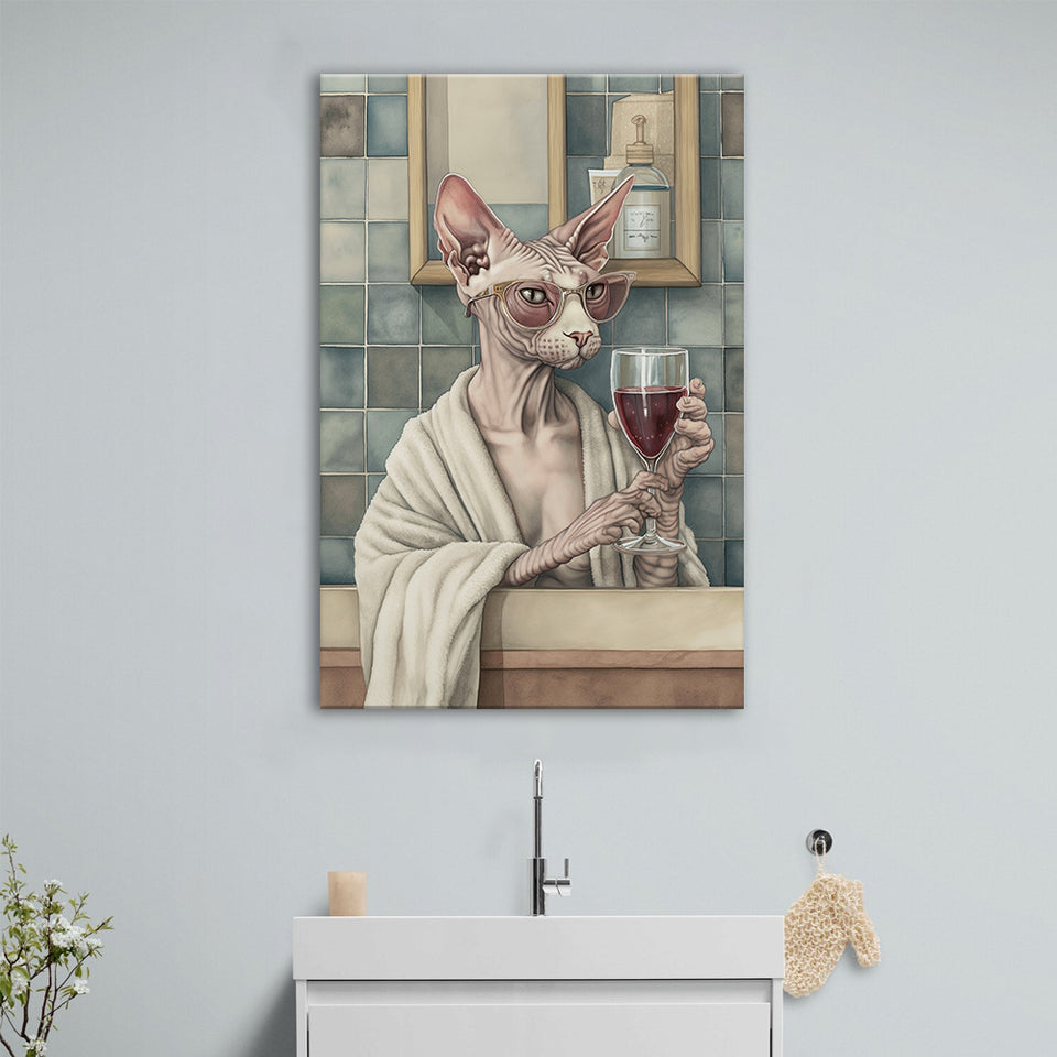 Sphynx Cat Holding The Cup Of Red Wine In Bathroom Decor V1 Canvas Prints Wall Art, Bathroom Art Decor,