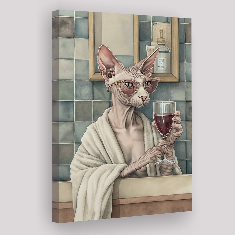 Sphynx Cat Holding The Cup Of Red Wine In Bathroom Decor V1 Canvas Prints Wall Art, Bathroom Art Decor,