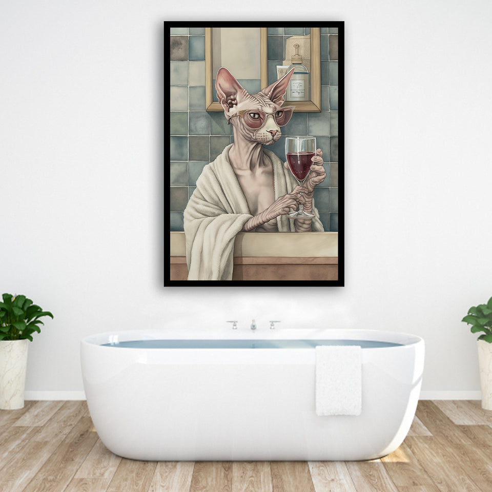 Sphynx Cat Holding The Cup Of Red Wine In Bathroom Decor V1 Framed Art Print Wall Decor, Bathroom Framed Art Decor