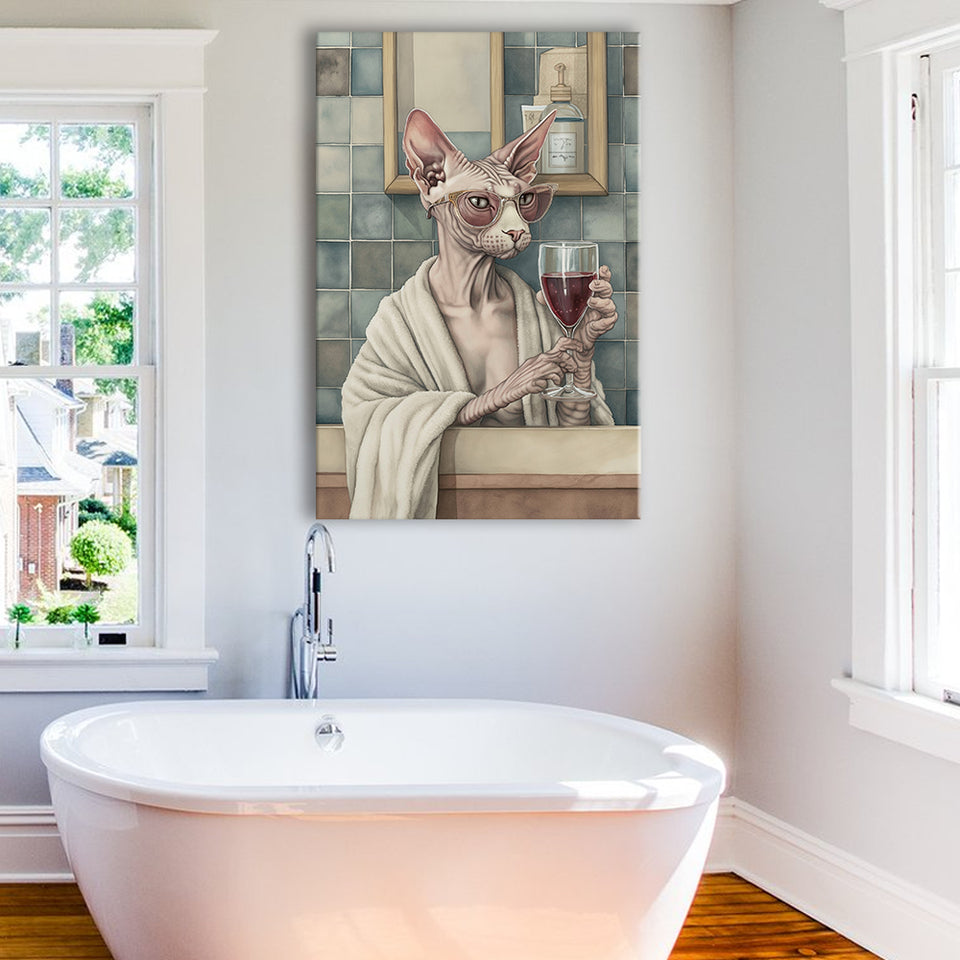 Sphynx Cat Holding The Cup Of Red Wine In Bathroom Decor V1 Canvas Prints Wall Art, Bathroom Art Decor,