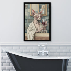 Sphynx Cat Holding The Cup Of Red Wine In Bathroom Decor V1 Framed Art Print Wall Decor, Bathroom Framed Art Decor