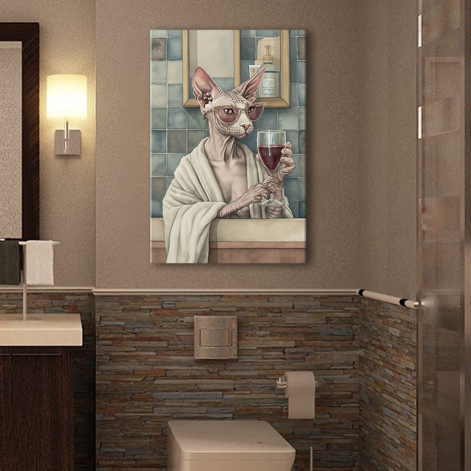 Sphynx Cat Holding The Cup Of Red Wine In Bathroom Decor V1 Canvas Prints Wall Art, Bathroom Art Decor,