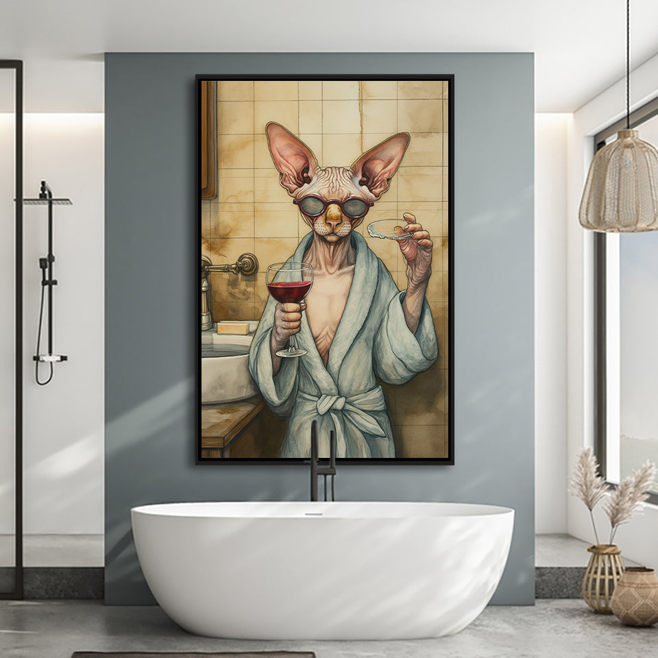 Sphynx Cat Holding The Cup Of Red Wine Vintage Bathroom Decor Framed Canvas Prints Wall Art, Bathroom Framed Art Decor