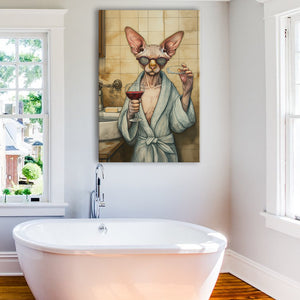 Sphynx Cat Holding The Cup Of Red Wine  Vintage Bathroom Decor Canvas Prints Wall Art, Bathroom Art Decor,