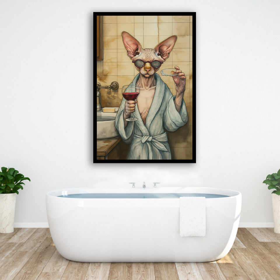 Sphynx Cat Holding The Cup Of Red Wine Vintage Bathroom Decor Framed Art Print Wall Decor, Bathroom Framed Art Decor