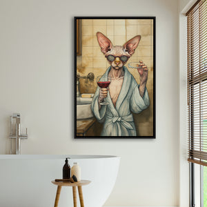 Sphynx Cat Holding The Cup Of Red Wine Vintage Bathroom Decor Framed Canvas Prints Wall Art, Bathroom Framed Art Decor