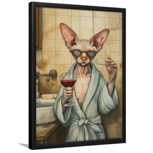 Sphynx Cat Holding The Cup Of Red Wine Vintage Bathroom Decor Framed Art Print Wall Decor, Bathroom Framed Art Decor