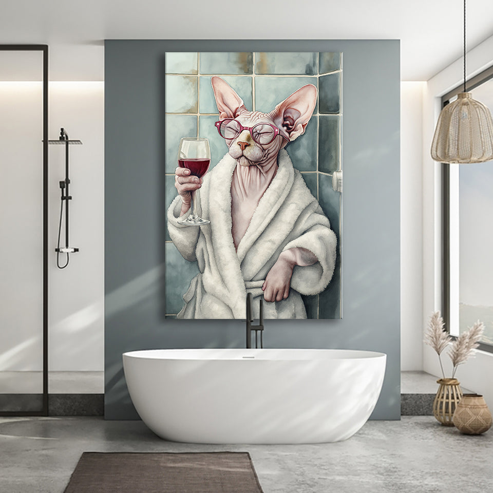 Sphynx Cat Holding The Cup Of Red Winen Bathroom Decor Canvas Prints Wall Art, Bathroom Art Decor,