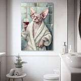 Sphynx Cat Holding The Cup Of Red Winen Bathroom Decor Canvas Prints Wall Art, Bathroom Art Decor,