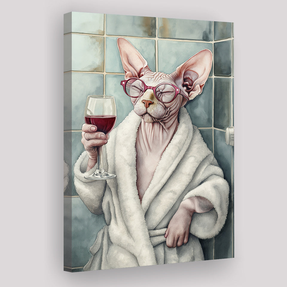 Sphynx Cat Holding The Cup Of Red Winen Bathroom Decor Canvas Prints Wall Art, Bathroom Art Decor,