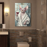 Sphynx Cat Holding The Cup Of Red Winen Bathroom Decor Canvas Prints Wall Art, Bathroom Art Decor,
