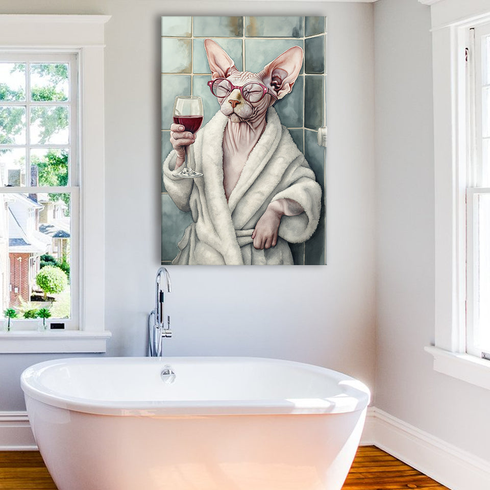 Sphynx Cat Holding The Cup Of Red Winen Bathroom Decor Canvas Prints Wall Art, Bathroom Art Decor,