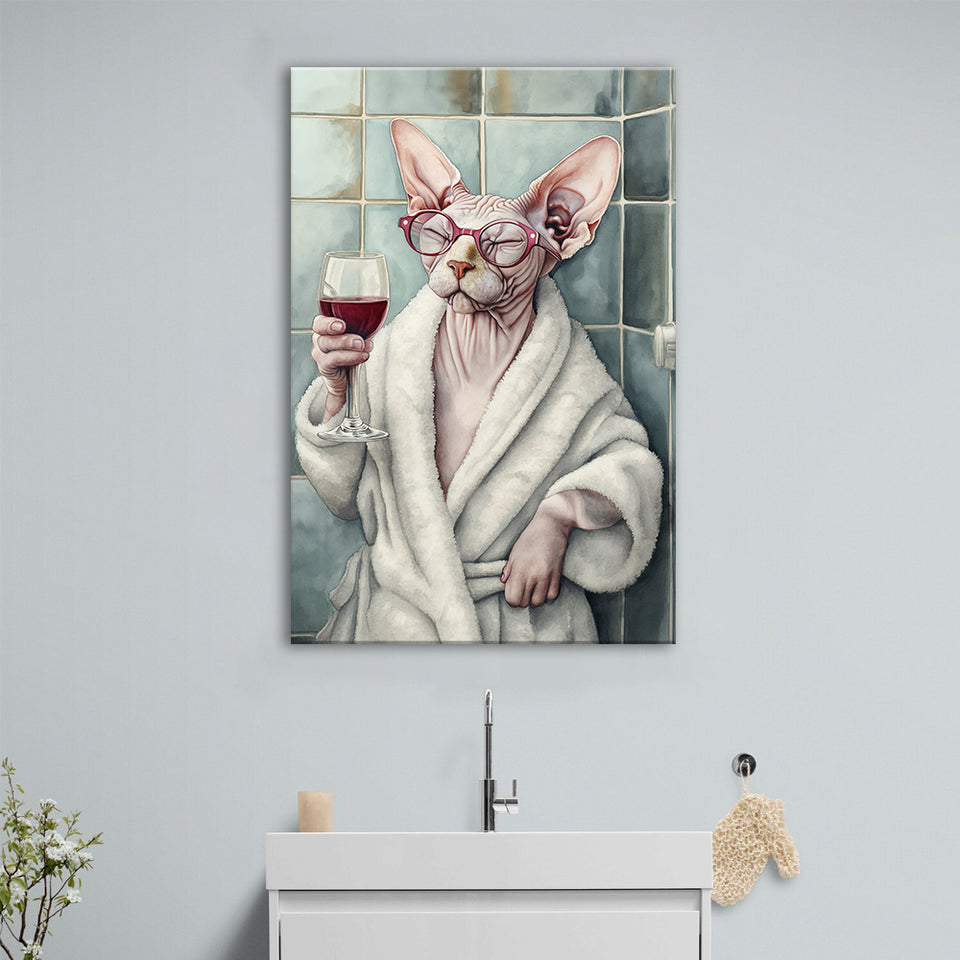 Sphynx Cat Holding The Cup Of Red Winen Bathroom Decor Canvas Prints Wall Art, Bathroom Art Decor,