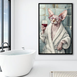 Sphynx Cat Holding The Cup Of Red Winen Bathroom Decor Framed Art Print Wall Decor, Bathroom Framed Art Decor