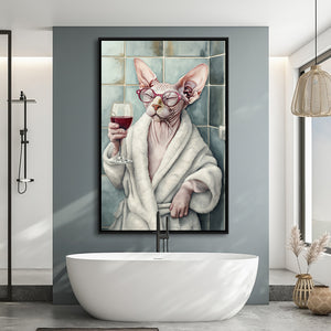 Sphynx Cat Holding The Cup Of Red Winen Bathroom Decor Framed Canvas Prints Wall Art, Bathroom Framed Art Decor