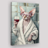 Sphynx Cat Holding The Cup Of Red Winen Bathroom Decor Canvas Prints Wall Art, Bathroom Art Decor,