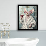Sphynx Cat Holding The Cup Of Red Winen Bathroom Decor Framed Art Print Wall Decor, Bathroom Framed Art Decor