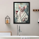 Sphynx Cat Holding The Cup Of Red Winen Bathroom Decor Framed Canvas Prints Wall Art, Bathroom Framed Art Decor