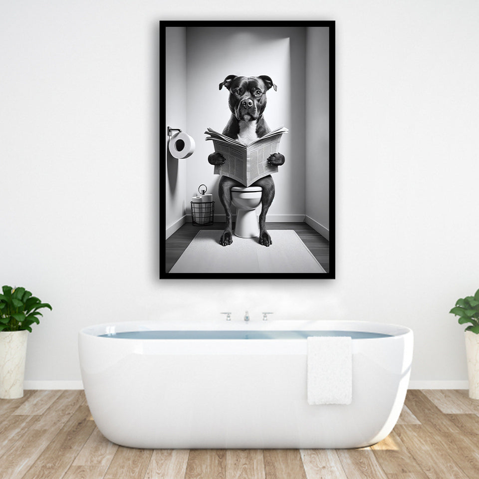 Staffordshire Bull Terrier Framed Art Print Wall Decor, Funny Bathroom Decor, Terrier In Toilet