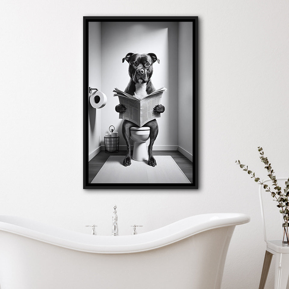 Staffordshire Bull Terrier Framed Canvas Prints Wall Art, Funny Bathroom Decor, Terrier In Toilet