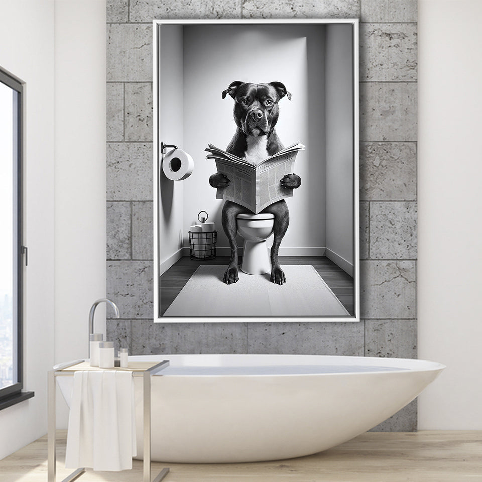 Staffordshire Bull Terrier Framed Canvas Prints Wall Art, Funny Bathroom Decor, Terrier In Toilet