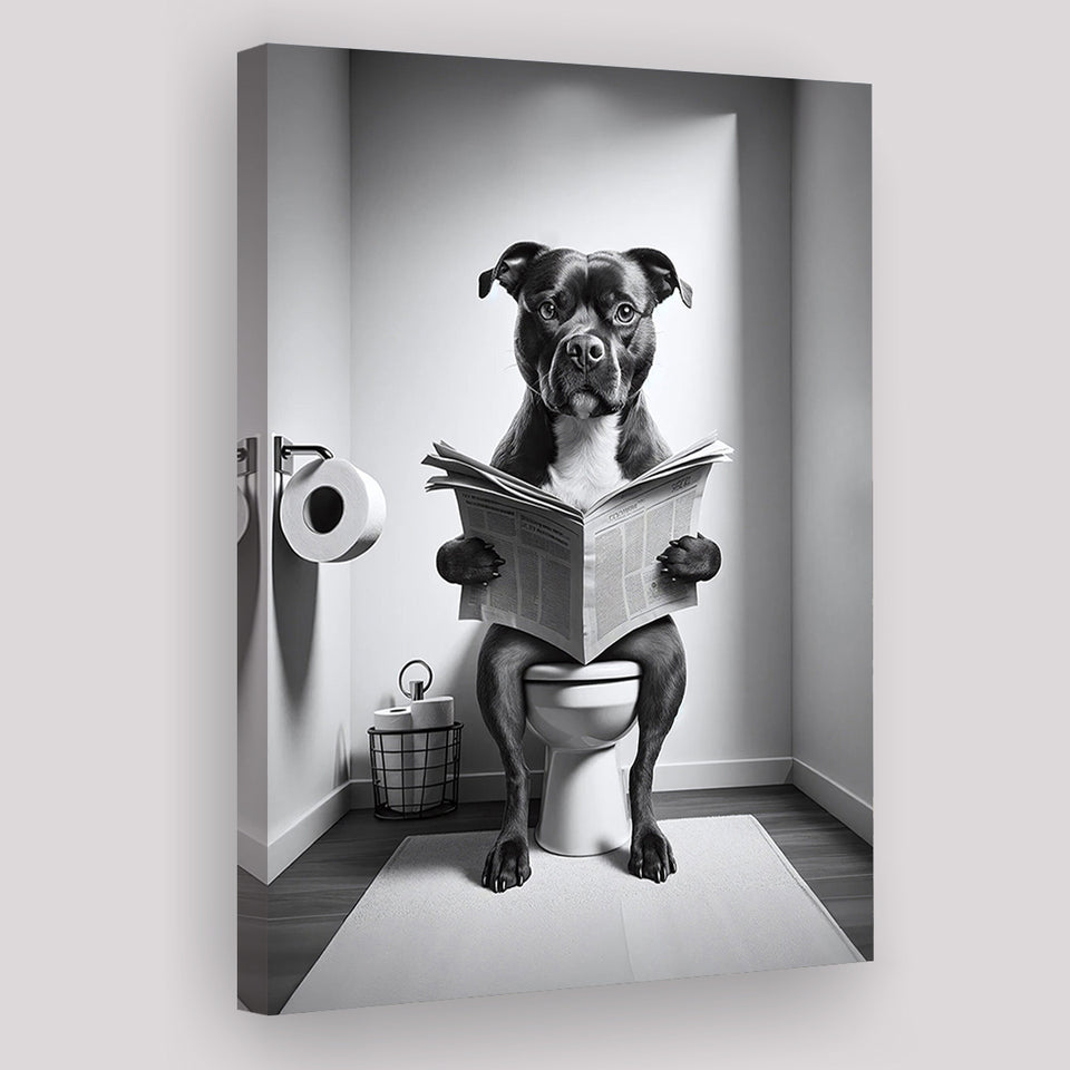 Staffordshire Bull Terrier Canvas Prints Wall Art, Funny Bathroom Decor, Terrier in Toilet