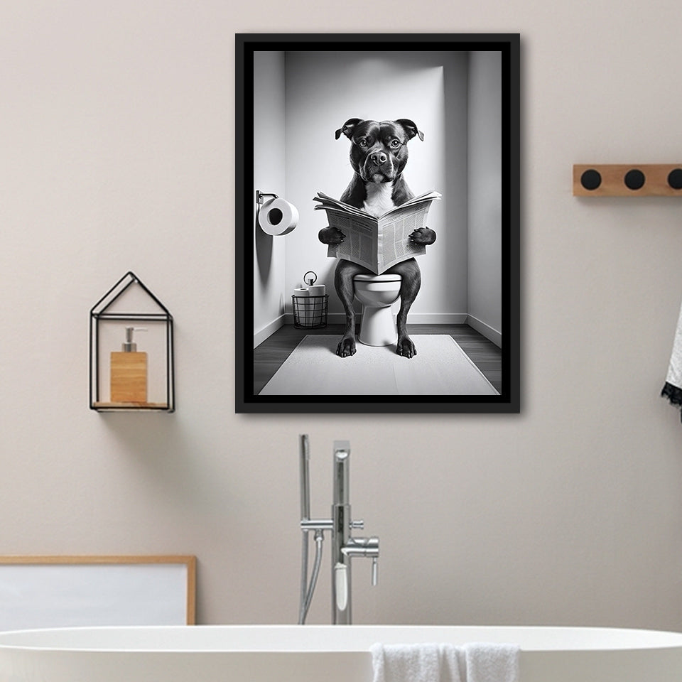 Staffordshire Bull Terrier Framed Canvas Prints Wall Art, Funny Bathroom Decor, Terrier In Toilet