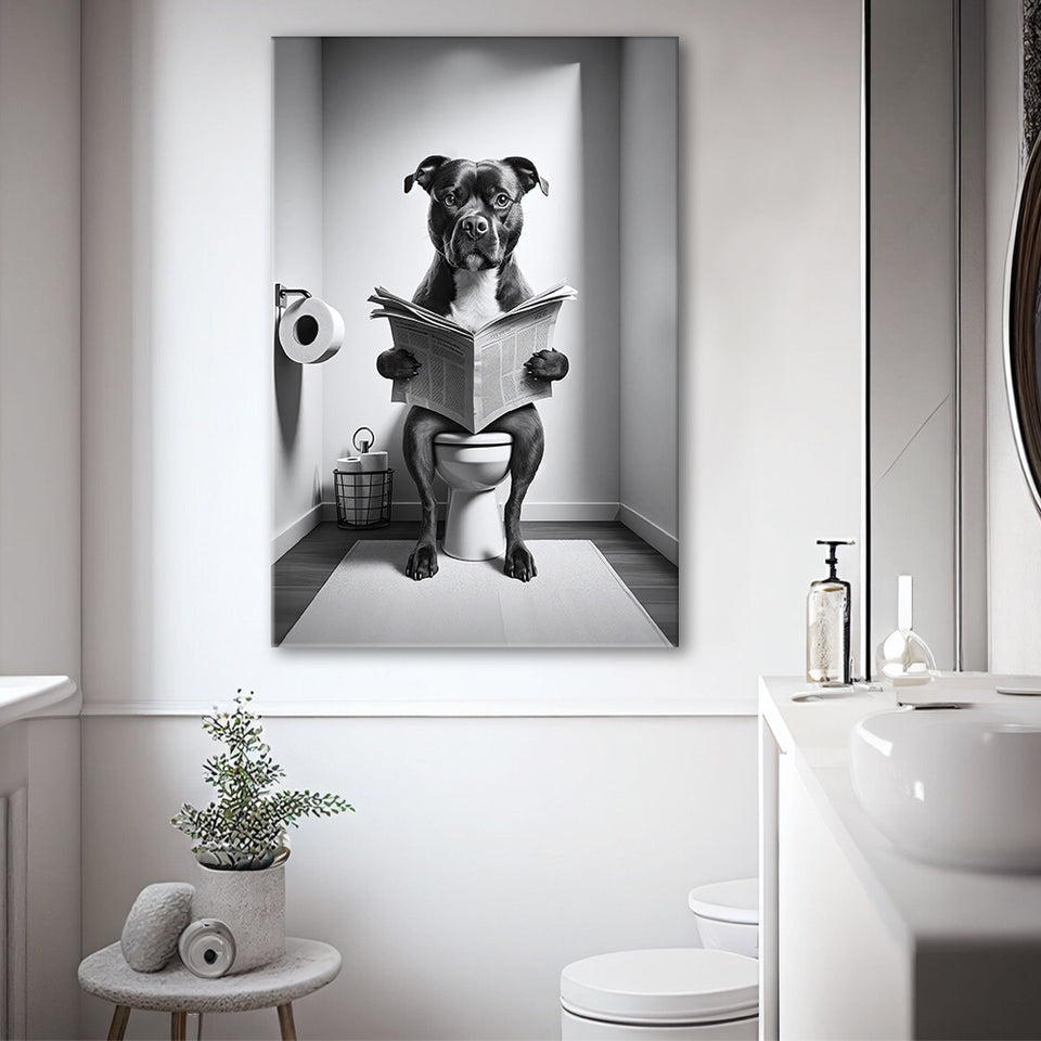 Staffordshire Bull Terrier Canvas Prints Wall Art, Funny Bathroom Decor, Terrier in Toilet