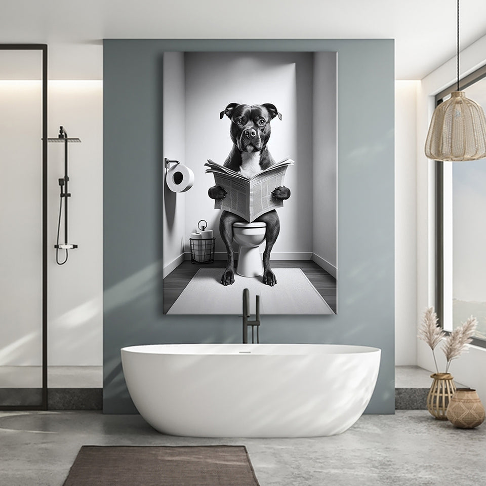 Staffordshire Bull Terrier Canvas Prints Wall Art, Funny Bathroom Decor, Terrier in Toilet