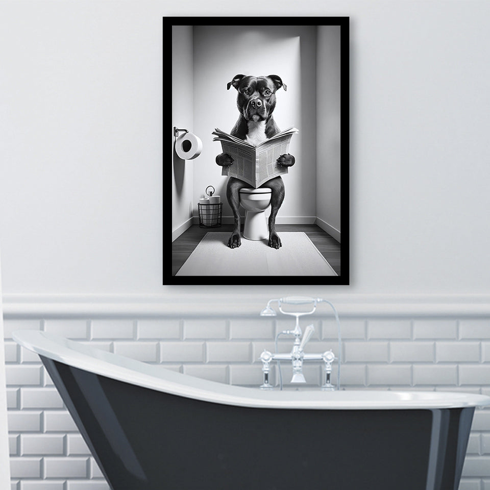 Staffordshire Bull Terrier Framed Art Print Wall Decor, Funny Bathroom Decor, Terrier In Toilet