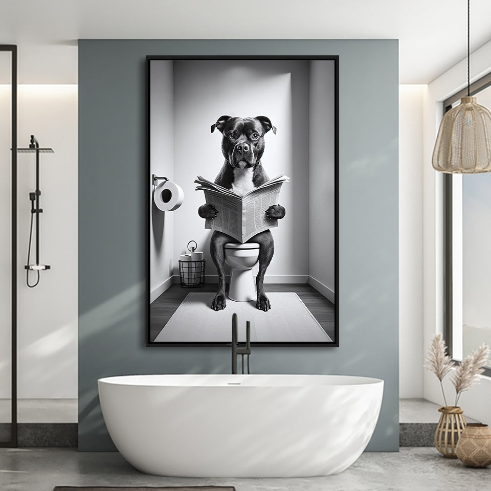 Staffordshire Bull Terrier Framed Canvas Prints Wall Art, Funny Bathroom Decor, Terrier In Toilet