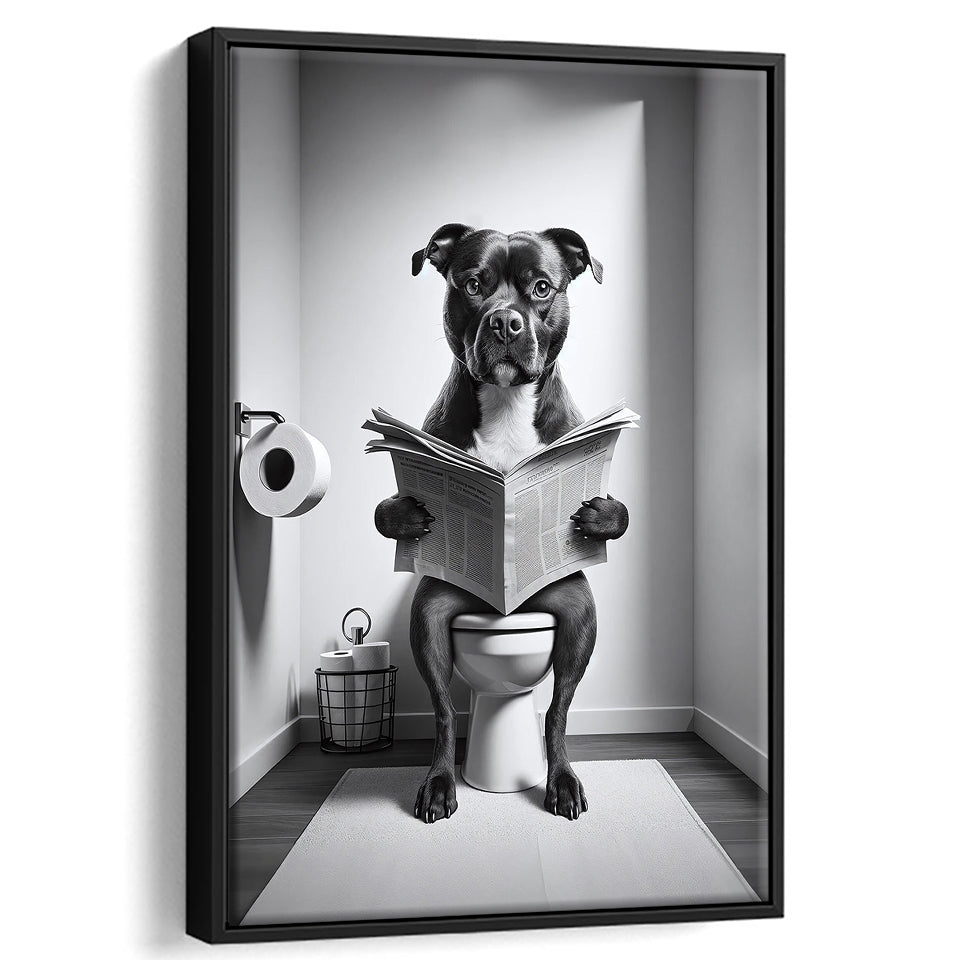 Staffordshire Bull Terrier Framed Canvas Prints Wall Art, Funny Bathroom Decor, Terrier In Toilet