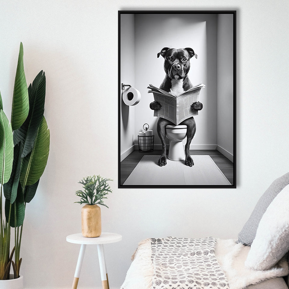 Staffordshire Bull Terrier Framed Canvas Prints Wall Art, Funny Bathroom Decor, Terrier In Toilet