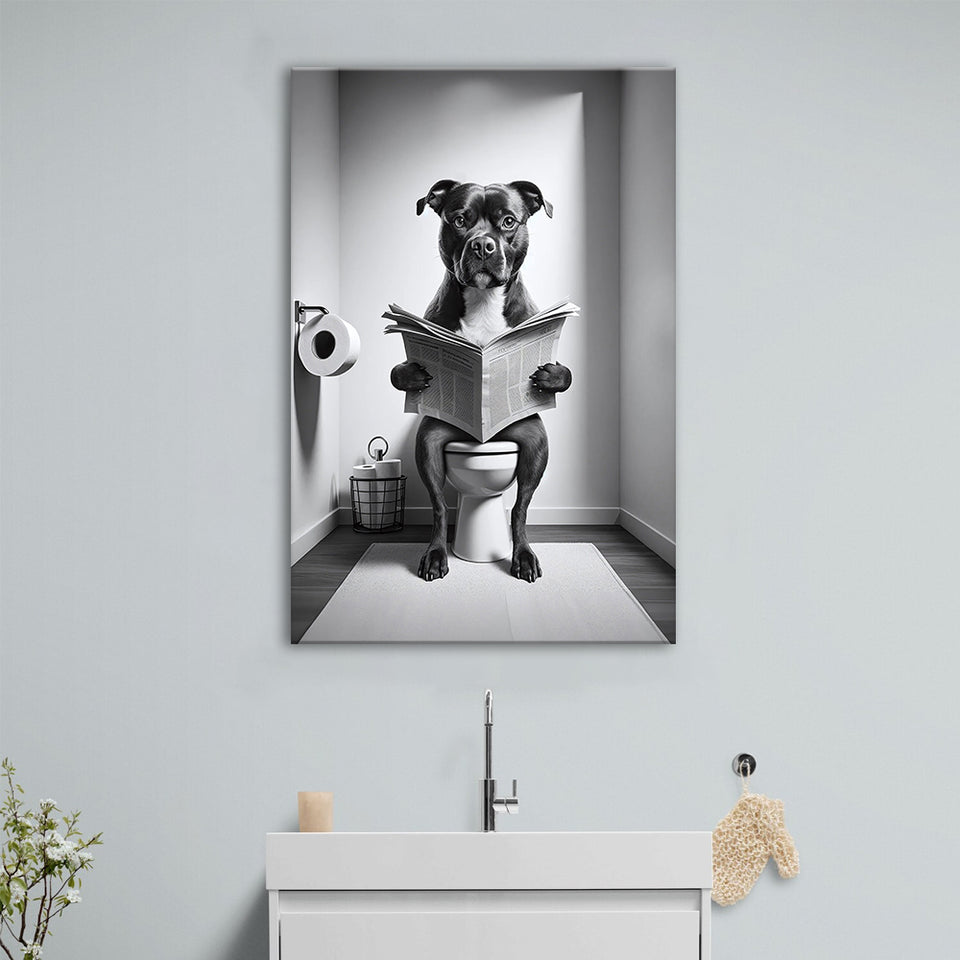 Staffordshire Bull Terrier Canvas Prints Wall Art, Funny Bathroom Decor, Terrier in Toilet