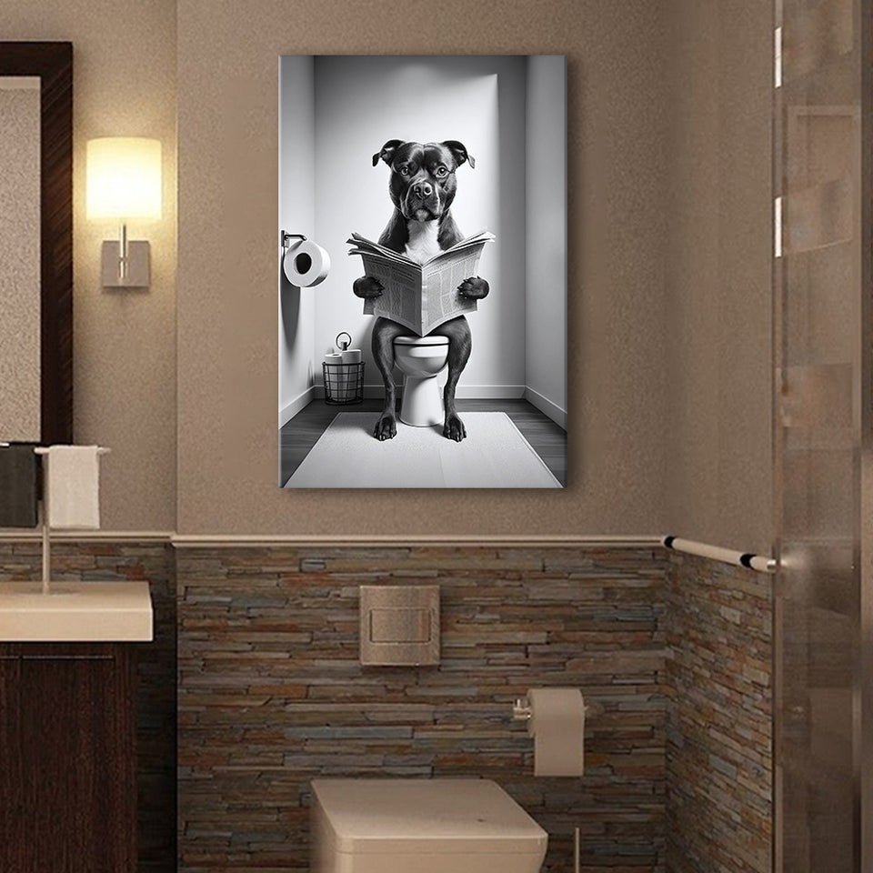 Staffordshire Bull Terrier Canvas Prints Wall Art, Funny Bathroom Decor, Terrier in Toilet