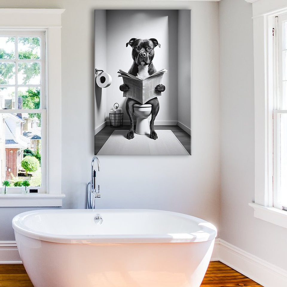 Staffordshire Bull Terrier Canvas Prints Wall Art, Funny Bathroom Decor, Terrier in Toilet