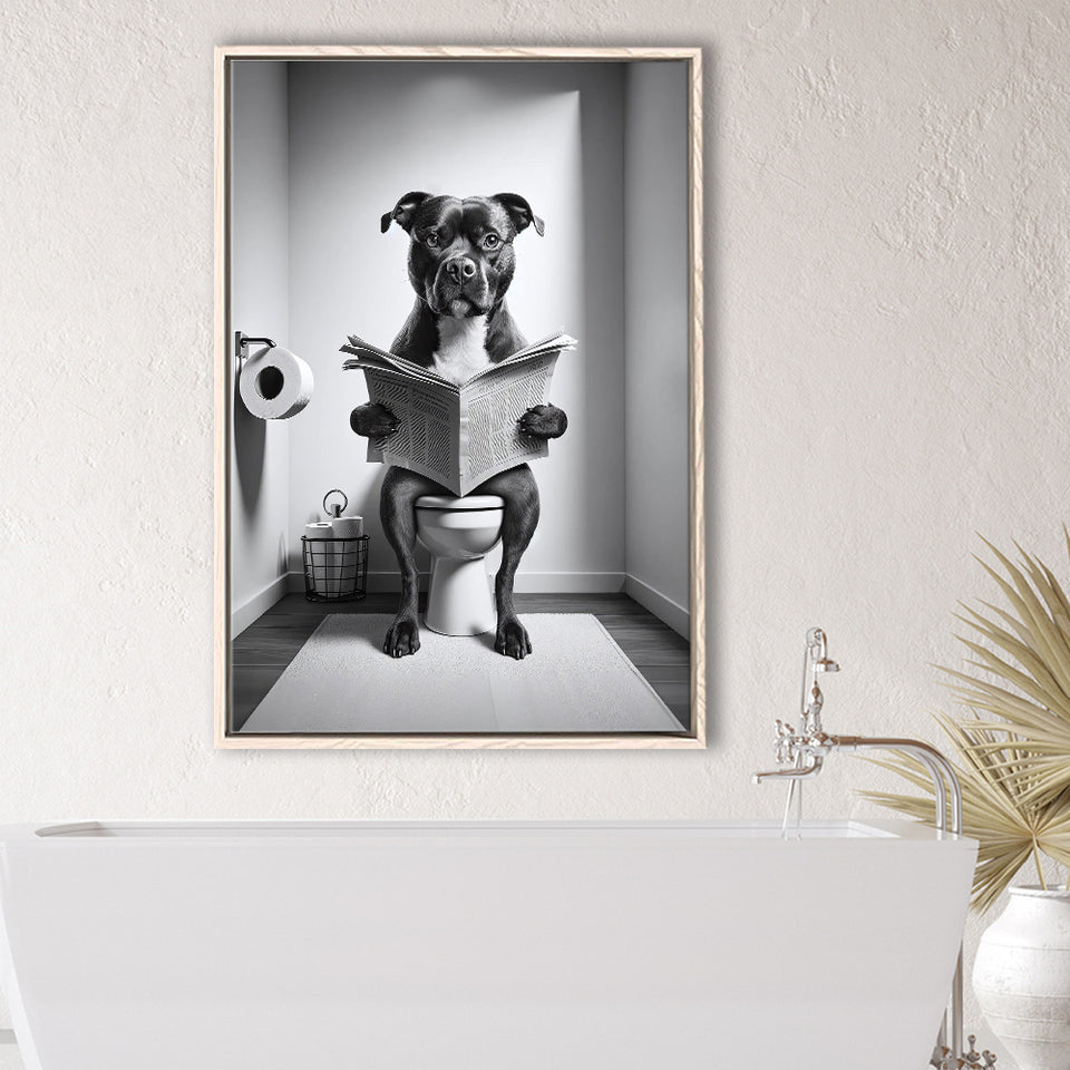 Staffordshire Bull Terrier Framed Canvas Prints Wall Art, Funny Bathroom Decor, Terrier In Toilet
