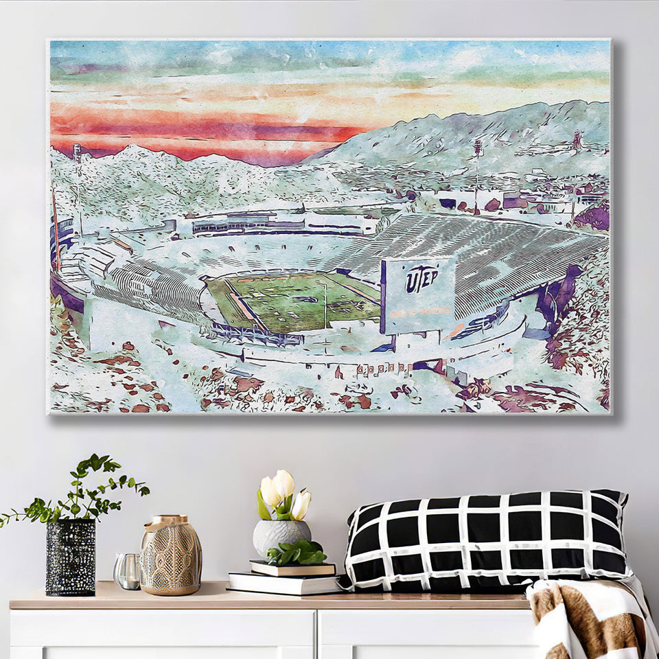 Sun Bowl Stadium WaterColor Canvas Prints, El Paso Texas Watercolor, Stadium Art Gifts