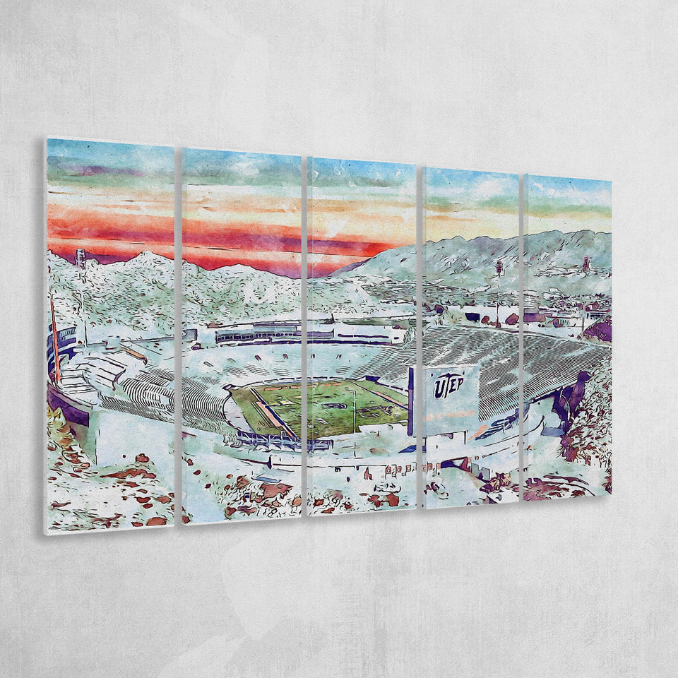 Sun Bowl Stadium WaterColor 5 Panels B Mixed Canvas Prints, Extra Large, El Paso Texas Watercolor