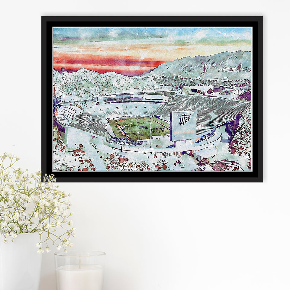 Sun Bowl Stadium WaterColor Framed Canvas Prints, El Paso Texas Watercolor, Stadium Art Gifts, Floating Frame
