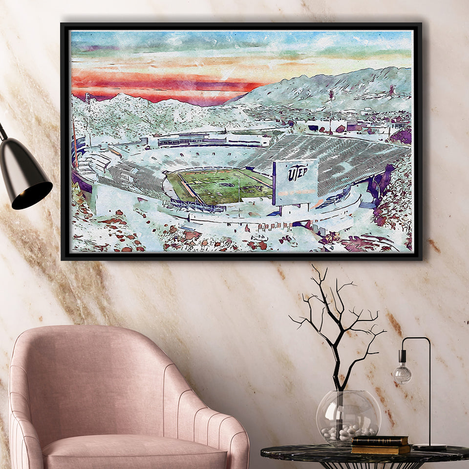 Sun Bowl Stadium WaterColor Framed Canvas Prints, El Paso Texas Watercolor, Stadium Art Gifts, Floating Frame