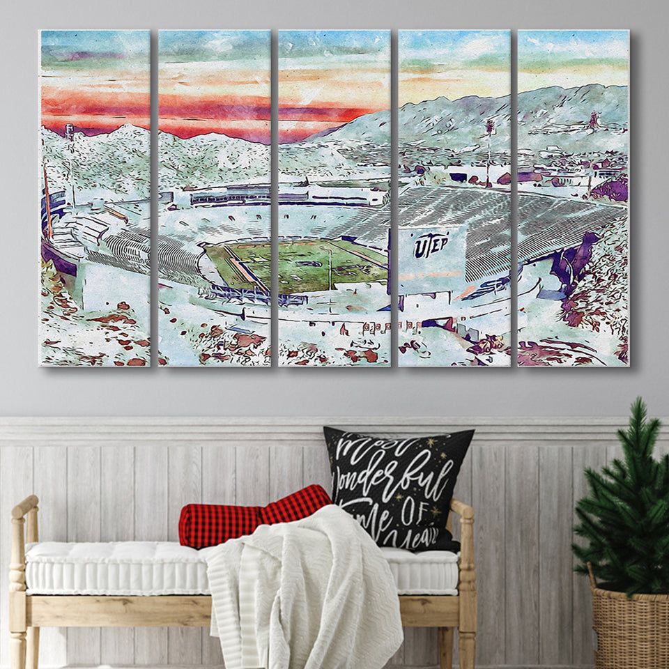 Sun Bowl Stadium WaterColor 5 Panels B Mixed Canvas Prints, Extra Large, El Paso Texas Watercolor