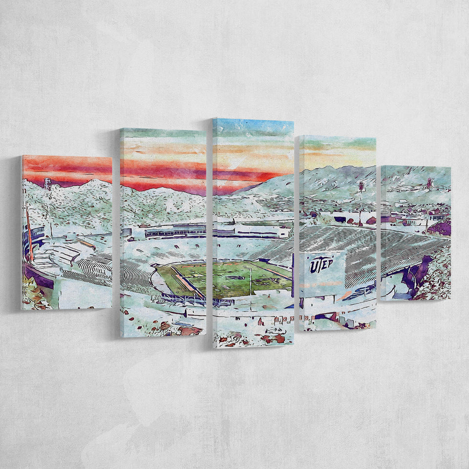 Sun Bowl Stadium WaterColor 5 Panels Mix Canvas Prints, El Paso Texas Watercolor, Large Stadium Canvas