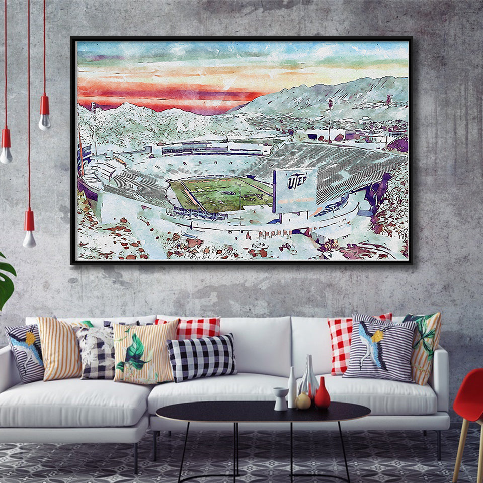 Sun Bowl Stadium WaterColor Framed Canvas Prints, El Paso Texas Watercolor, Stadium Art Gifts, Floating Frame