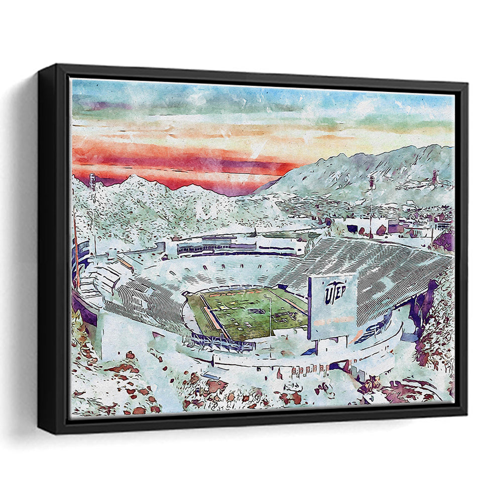 Sun Bowl Stadium WaterColor Framed Canvas Prints, El Paso Texas Watercolor, Stadium Art Gifts, Floating Frame