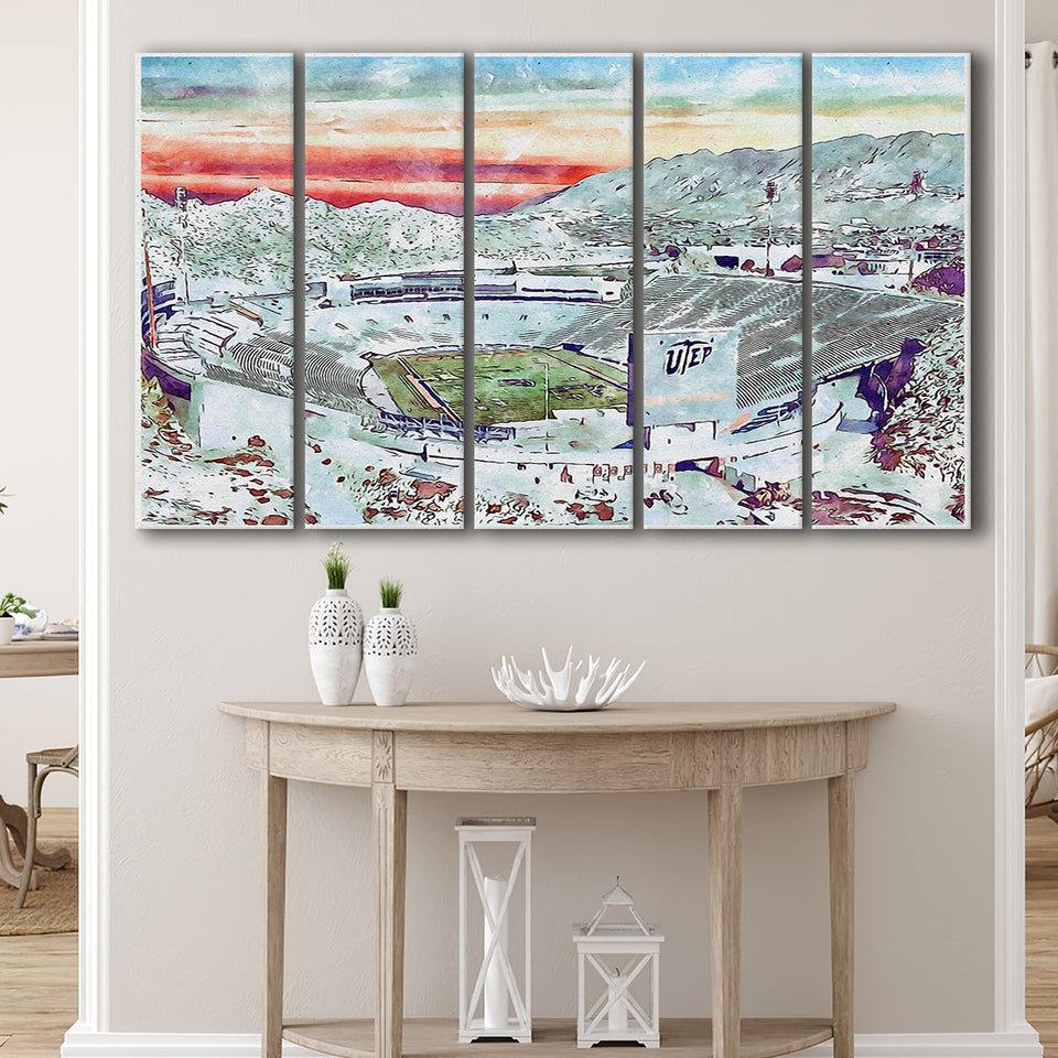 Sun Bowl Stadium WaterColor 5 Panels B Mixed Canvas Prints, Extra Large, El Paso Texas Watercolor