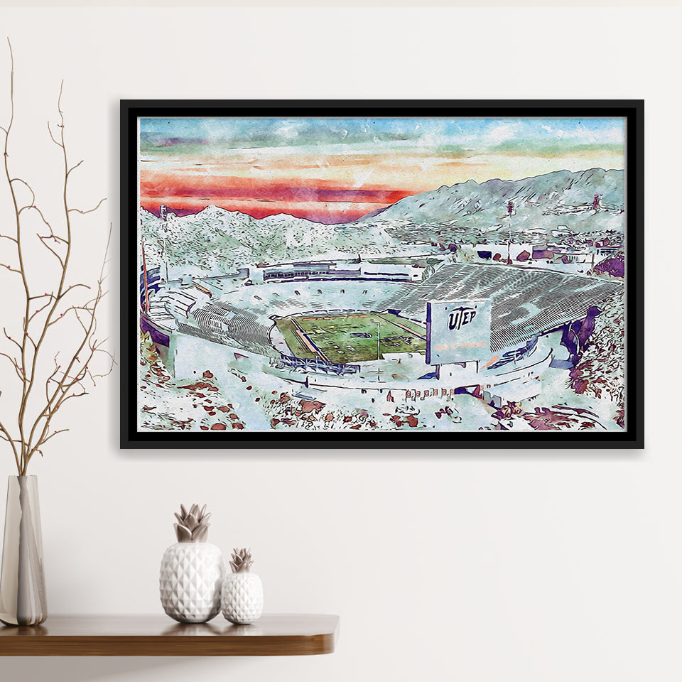Sun Bowl Stadium WaterColor Framed Canvas Prints, El Paso Texas Watercolor, Stadium Art Gifts, Floating Frame