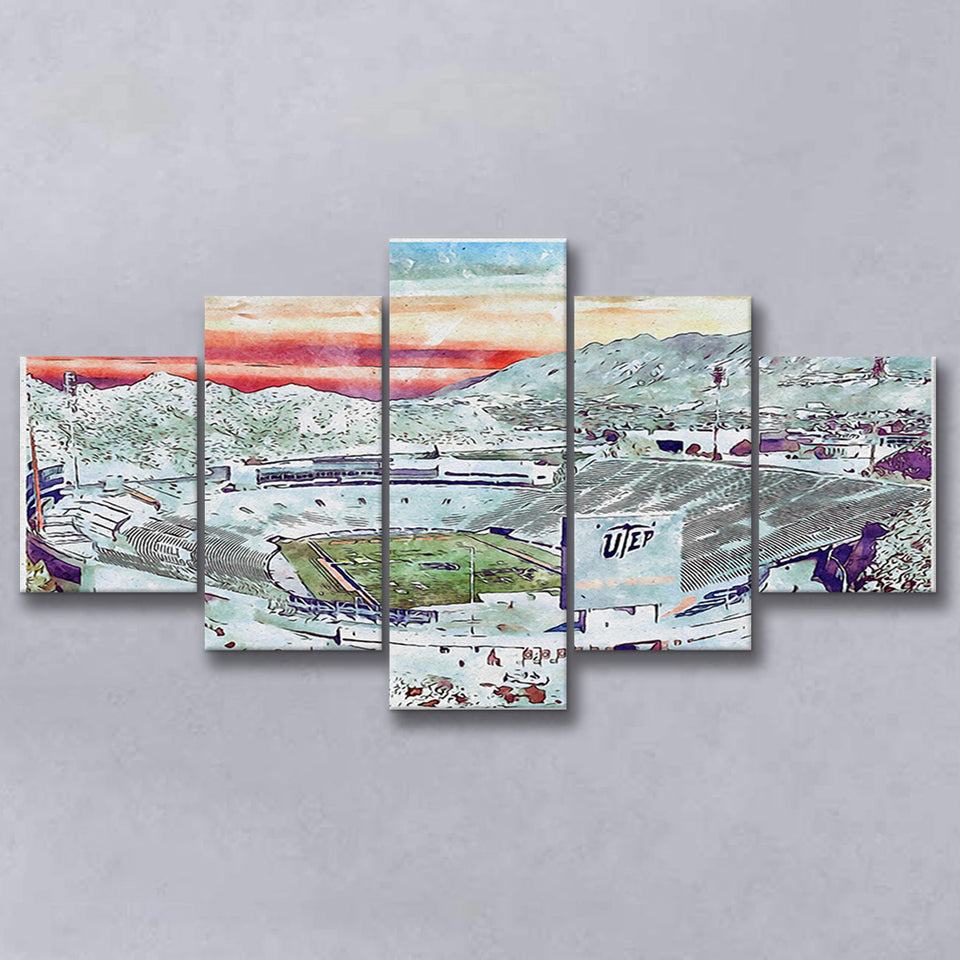 Sun Bowl Stadium WaterColor 5 Panels Mix Canvas Prints, El Paso Texas Watercolor, Large Stadium Canvas